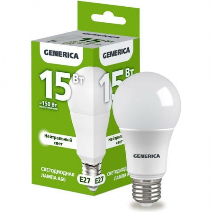 IEK GENERICA ЛОН A60 E27 15W(1500lm) 4000K 4K 60x112 матов. LL-A60-15-230-40-E27-G