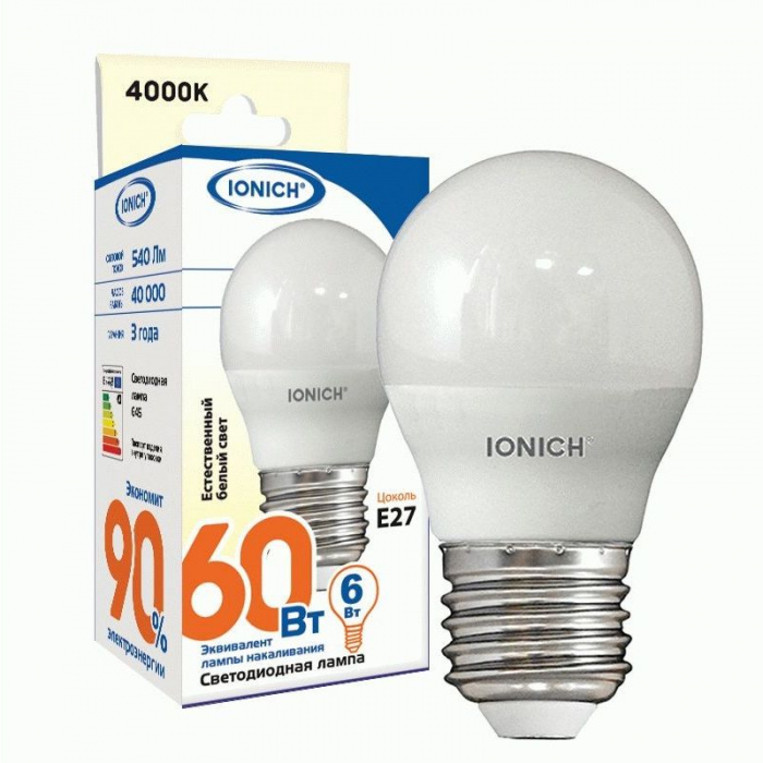 IONICH шар G45 E27 6W(540lm) 4000К 4K 45x80 матов./пластик/алюм ILED-SMD2835-G45 1542