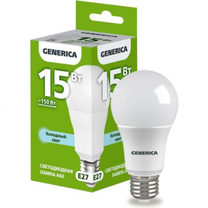 IEK GENERICA ЛОН A60 E27 15W(1500lm) 6500K 6K 60x112 матов. LL-A60-15-230-65-E27-G
